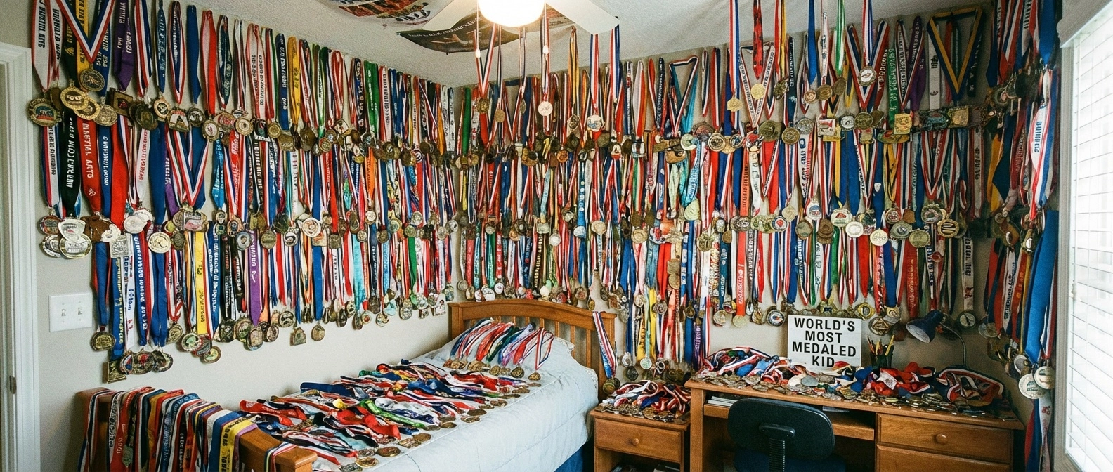 Young athlete proudly displaying their medal collection
